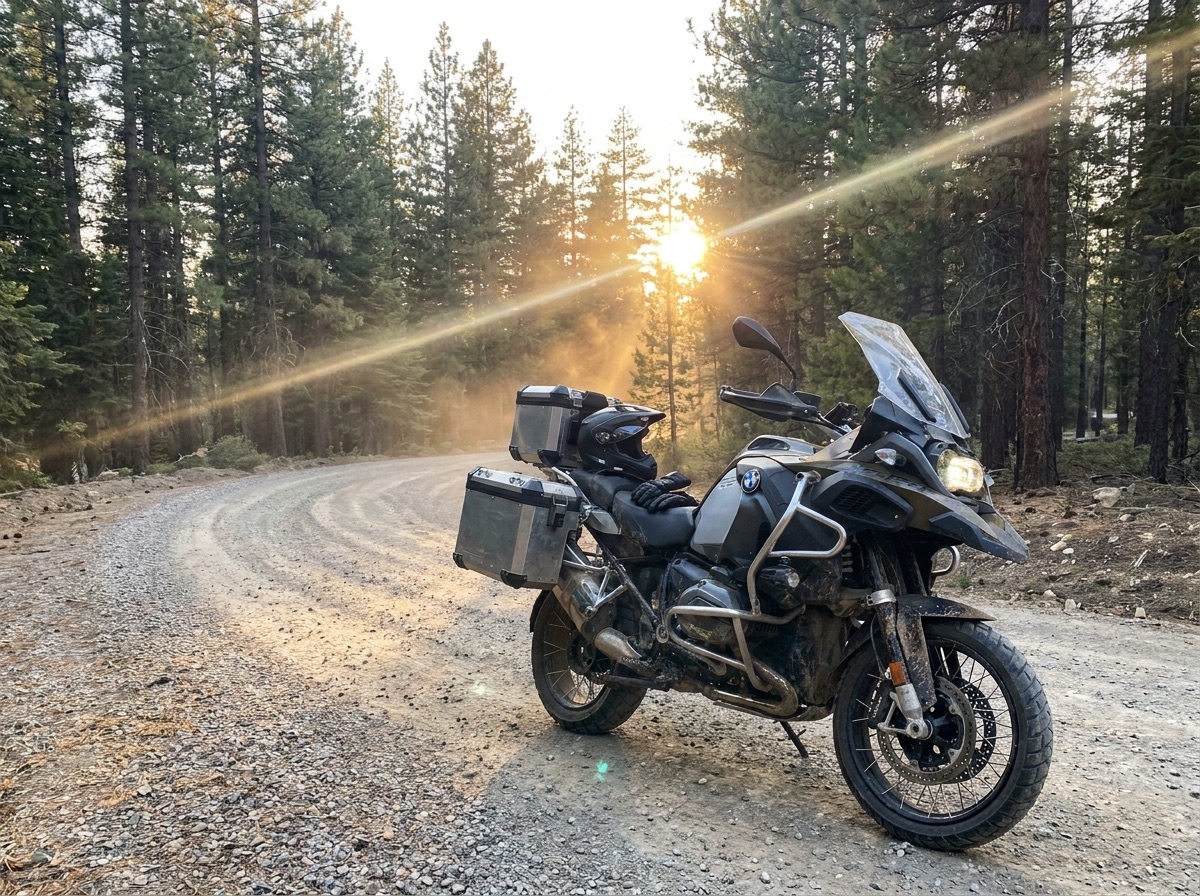Cestovní enduro motorka na lesní cestě